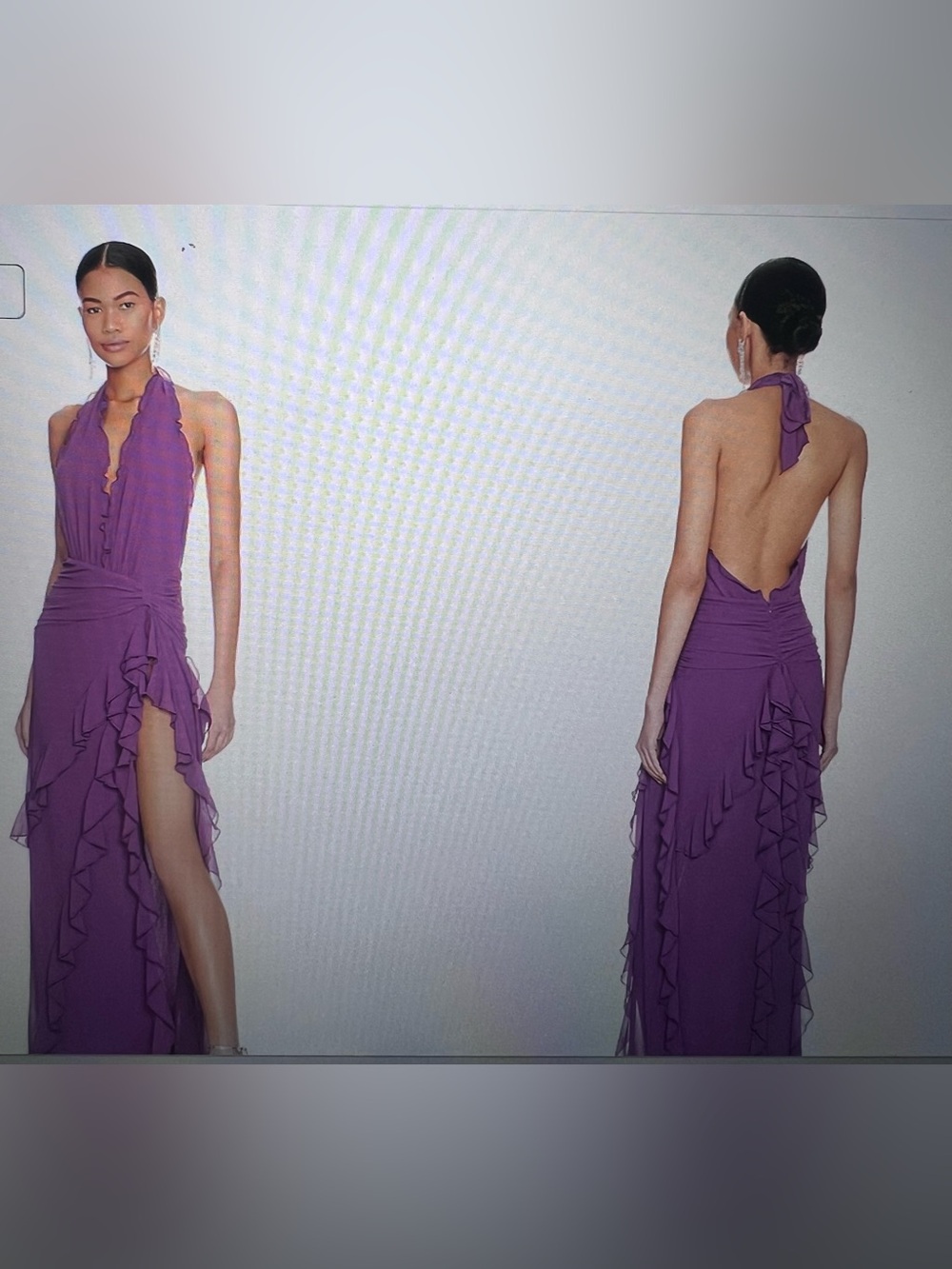 NBD Violet Backless Halter Ruffle Maxi Dress
